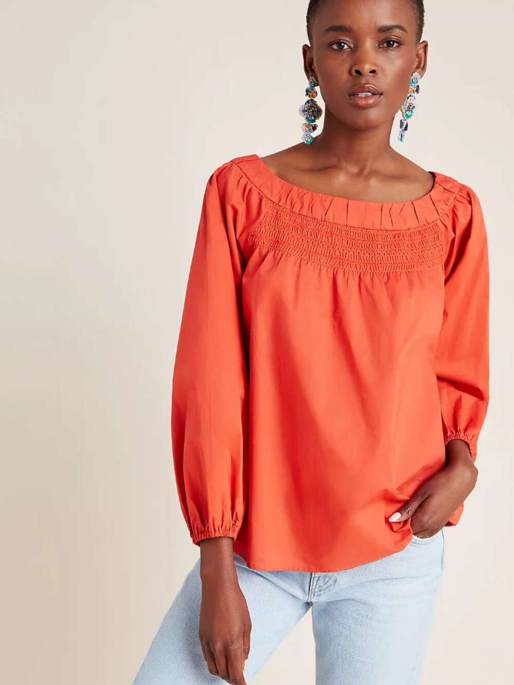 ANTHROPOLOGIE Maeve Jessie Smocked Swing Blouse, 100% Cotton, Coral, Size Small